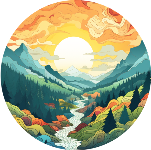Illustration of a river in a mountain valley.