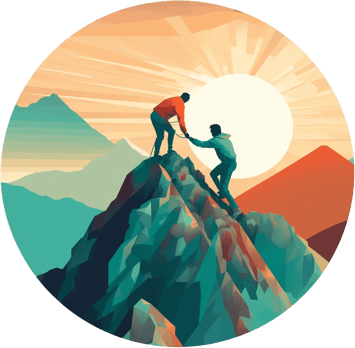 Illustration of a man helping another man up a mountain.