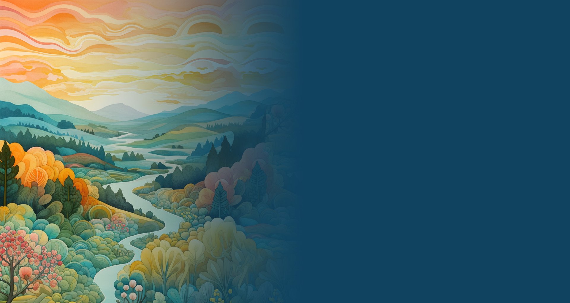 Landscape Illustration of Mountains, River, and Valley